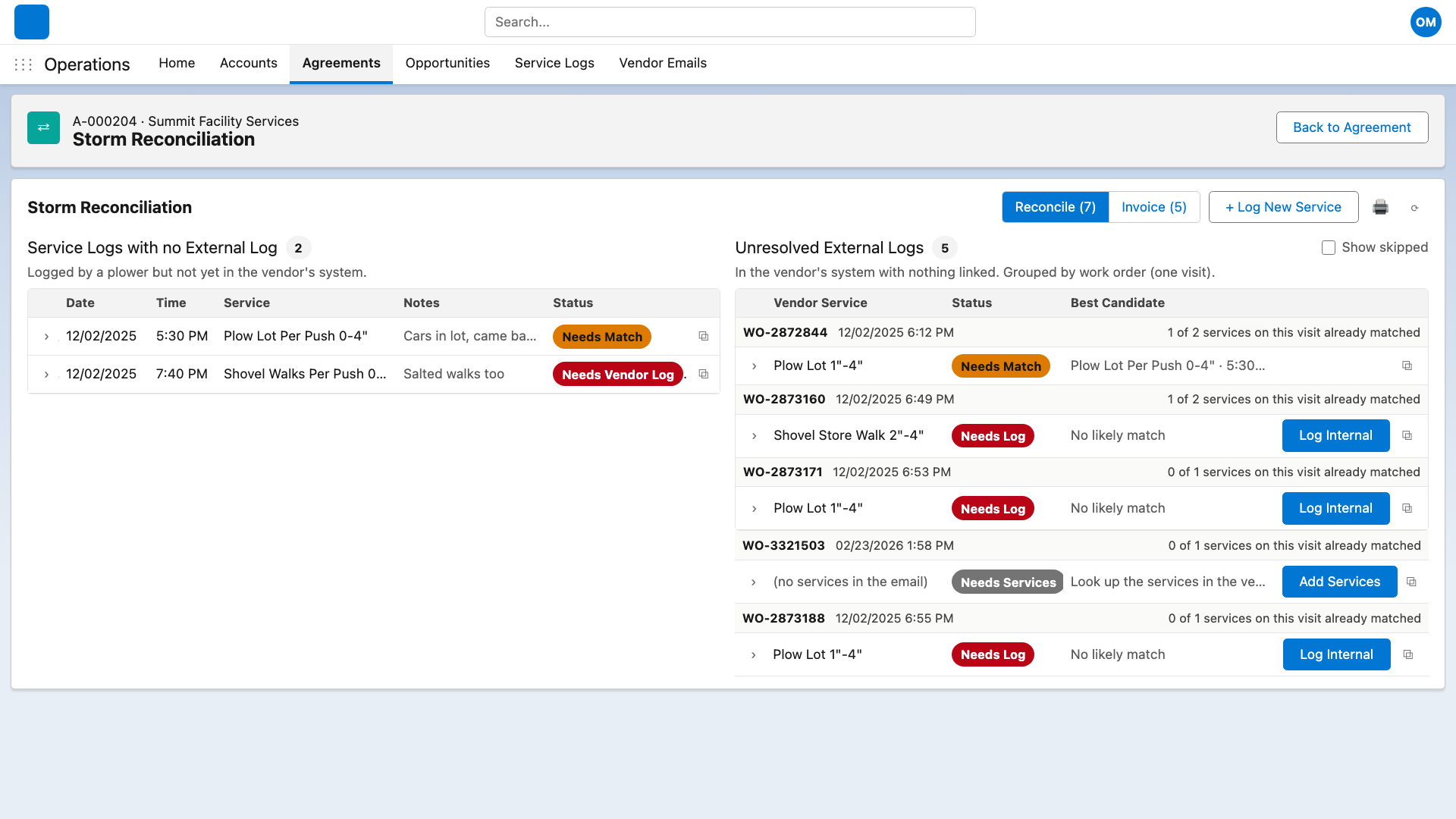 Reconciliation workspace showing crew logs and customer records side by side