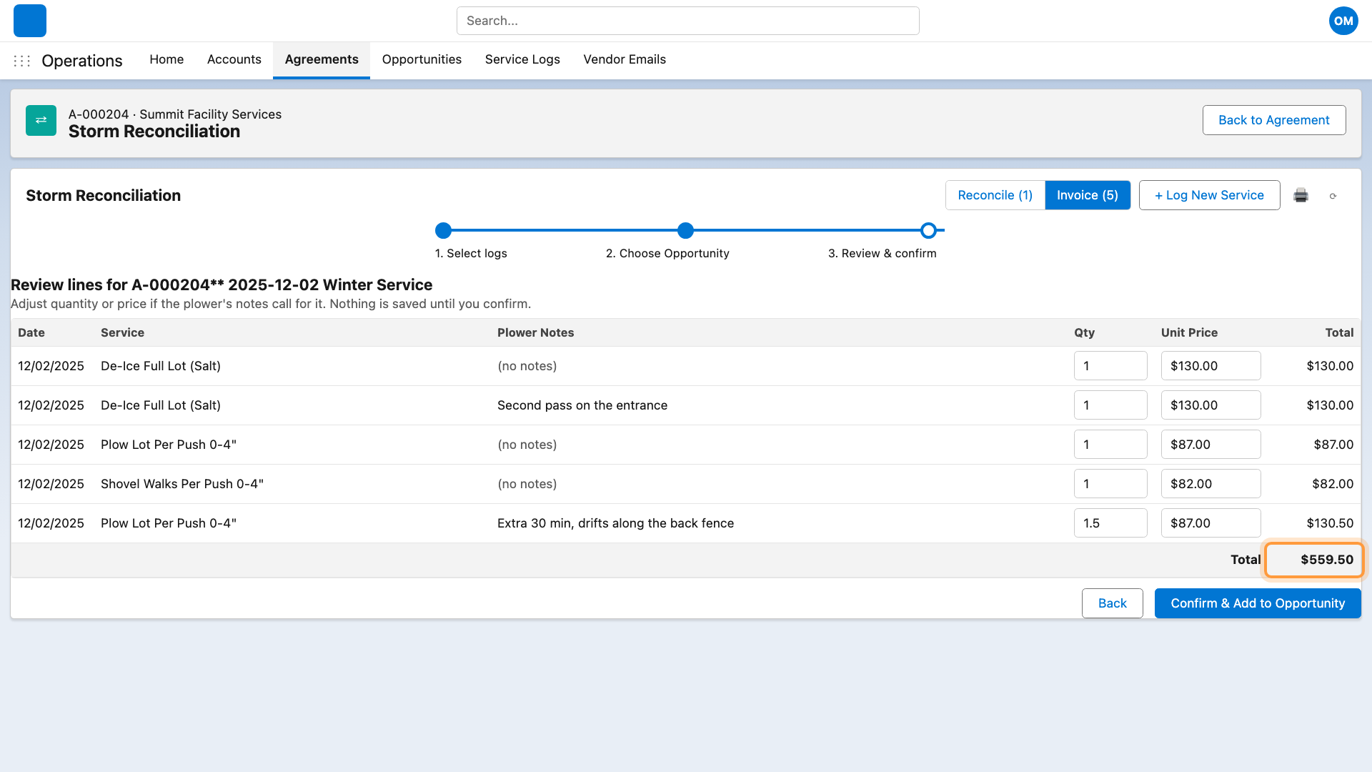 Invoice review screen with crew notes next to quantity and price